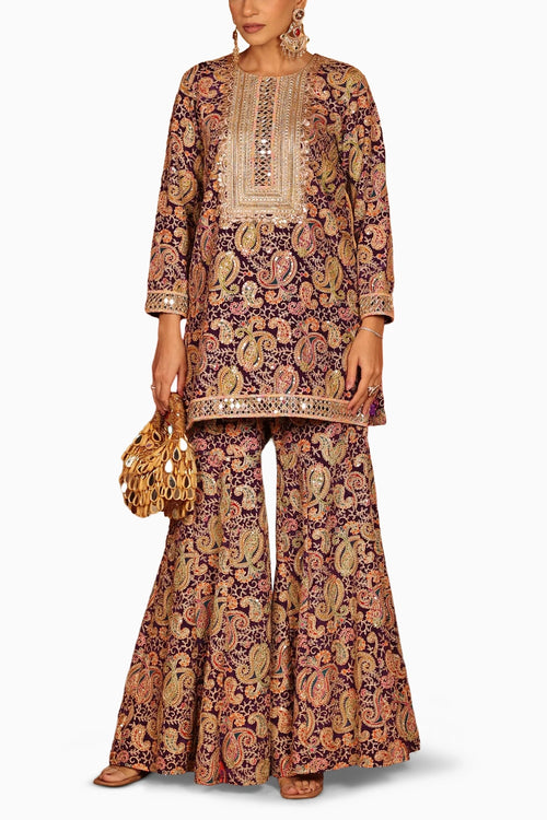 Purple Elizey Paisley Embroidered Sharara Set