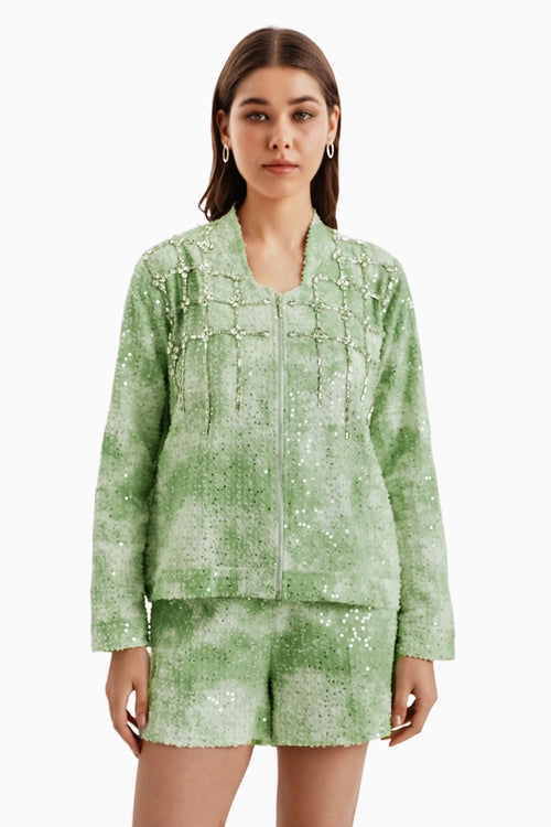 Green White Cloud Denim Lazercut Jacket