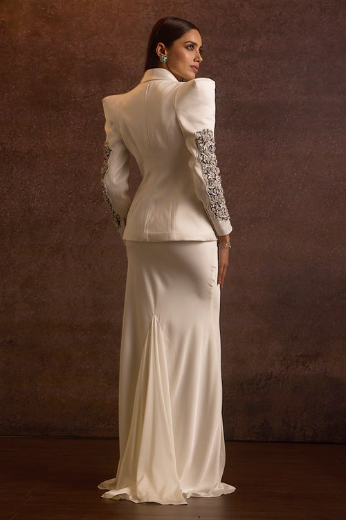 Suhair White Lace Cutout Blazer, Bustier With Fishcut Skirt