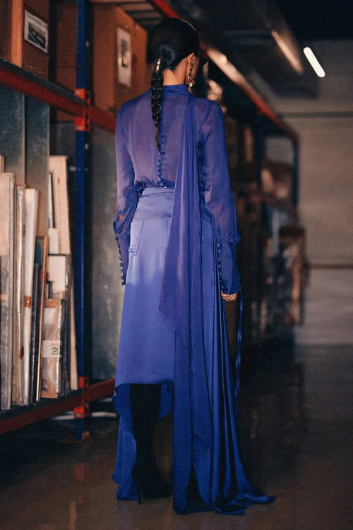 Indigo Draped Sheer Shirt with Panelled Skirt