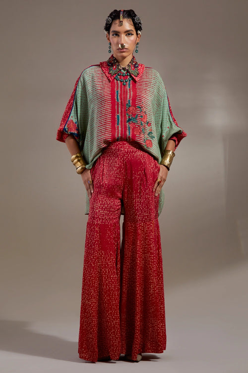 Ash Green Anka Mandala Shirt With Flared Pants