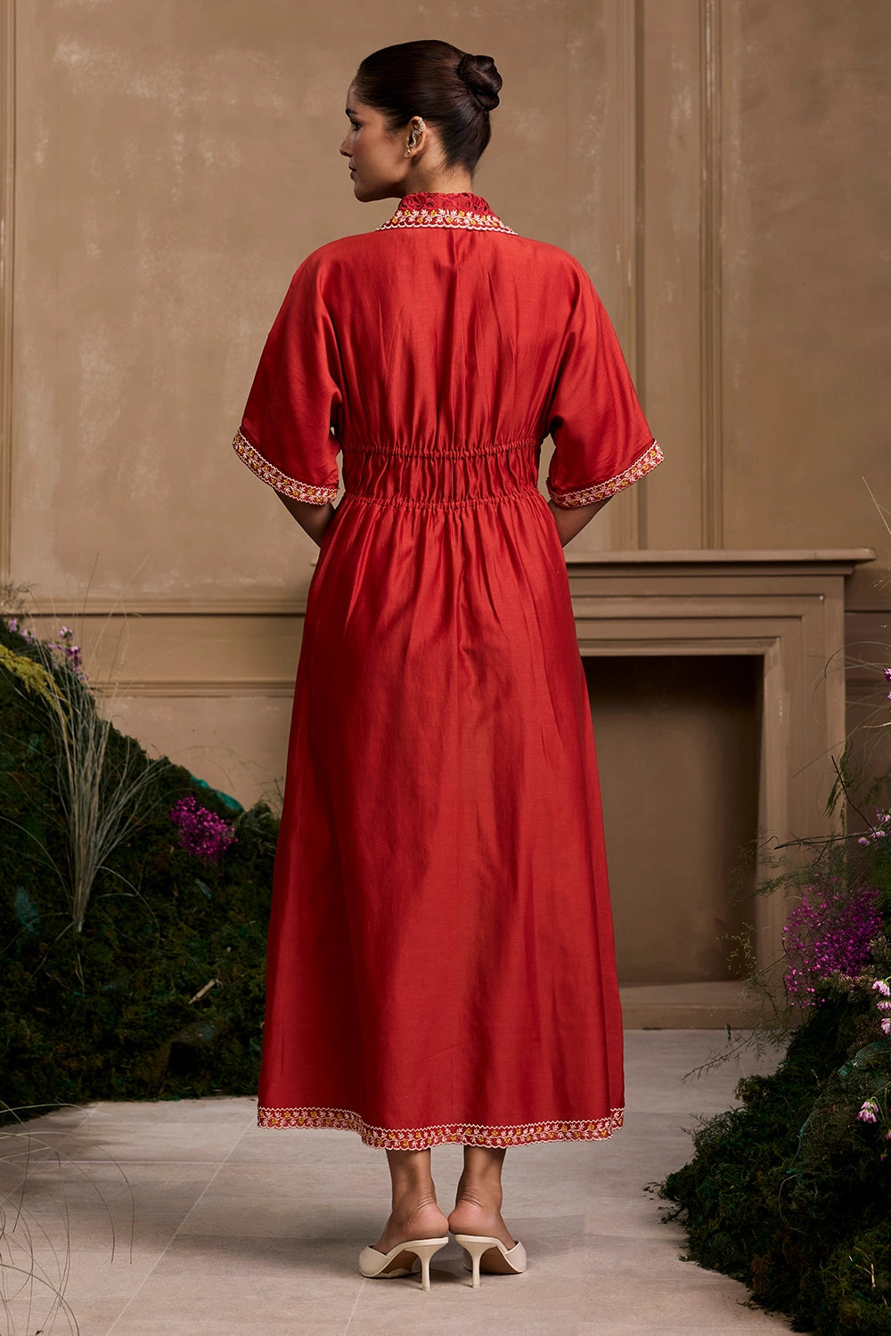 Red Embroidered Corseted Shirt Dress