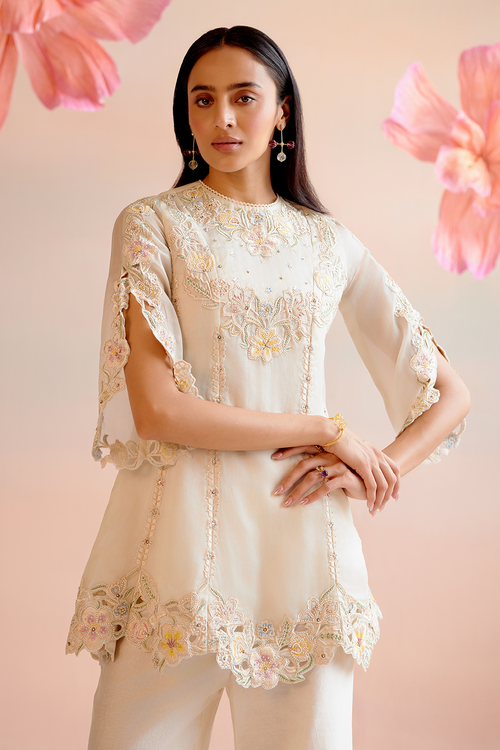 Ivory Cutwork and Beadwork Short Kurta with Bell Bottom Pant