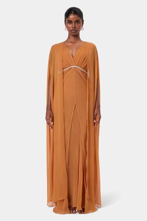 Tangerine Embellished Draped Shoulder Gown