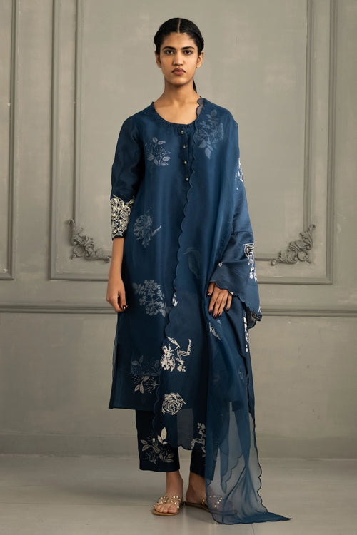 Indigo  Discharge Print Tunic Set