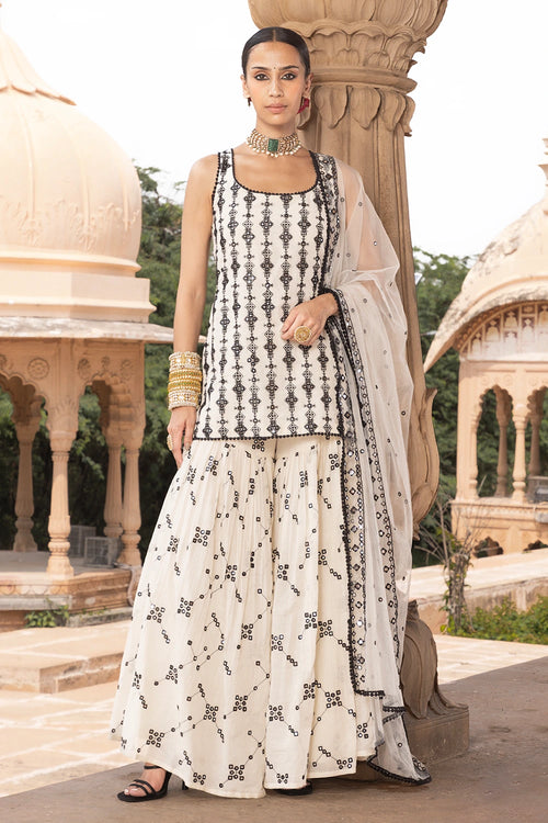 Black and White SK-BK all-over Embroidered Sharara with Dupatta