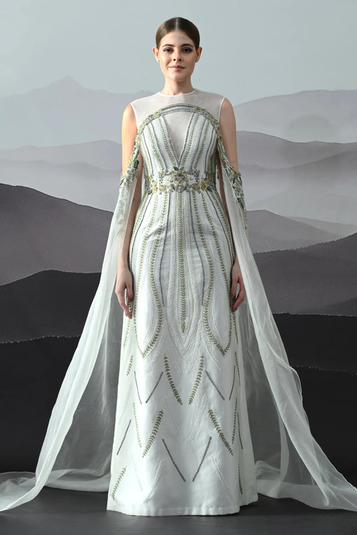 Ivory Gown With Handworked Geometric Florals