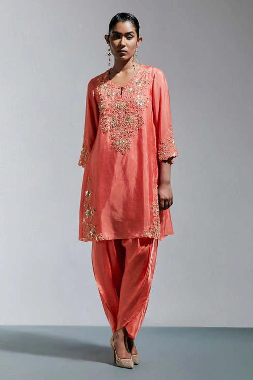 Floral Embroidered Silk Vermilion Salwar Set