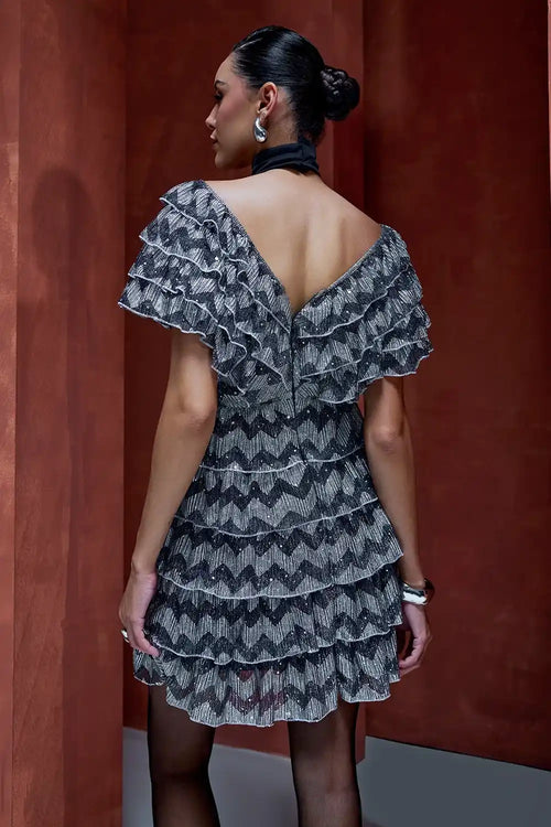 Black and Silver Off-The-Shoulder Metallic Ruffled Dress
