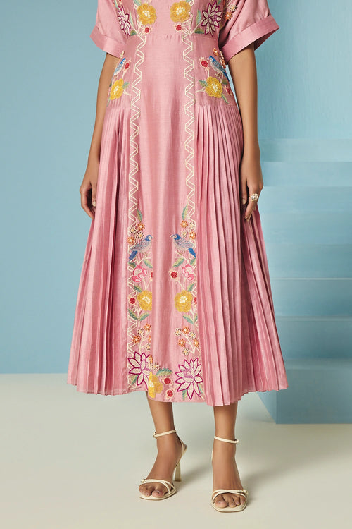 Blush Floral Embroidered Pleated Midi Dress