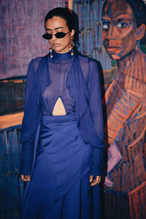 Indigo Draped Sheer Shirt with Panelled Skirt