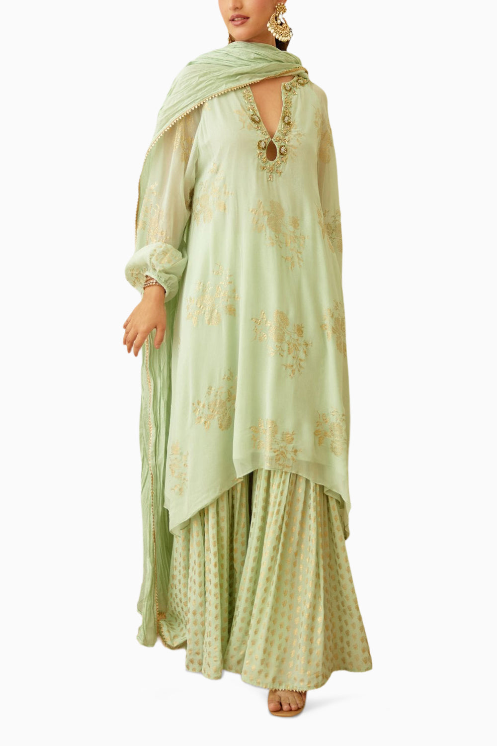 Mint Foil Embroidered Sharara Set