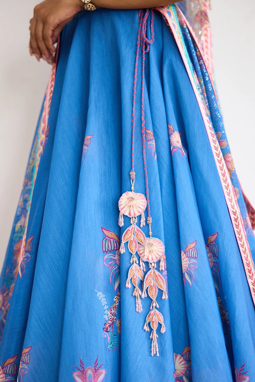 Blue Haze Printed Lehenga Set with Sequins Dupatta