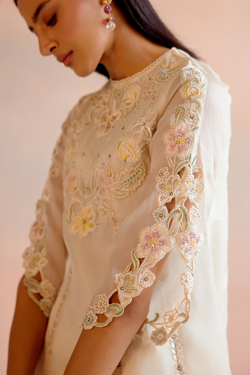 Ivory Cutwork and Beadwork Short Kurta with Bell Bottom Pant