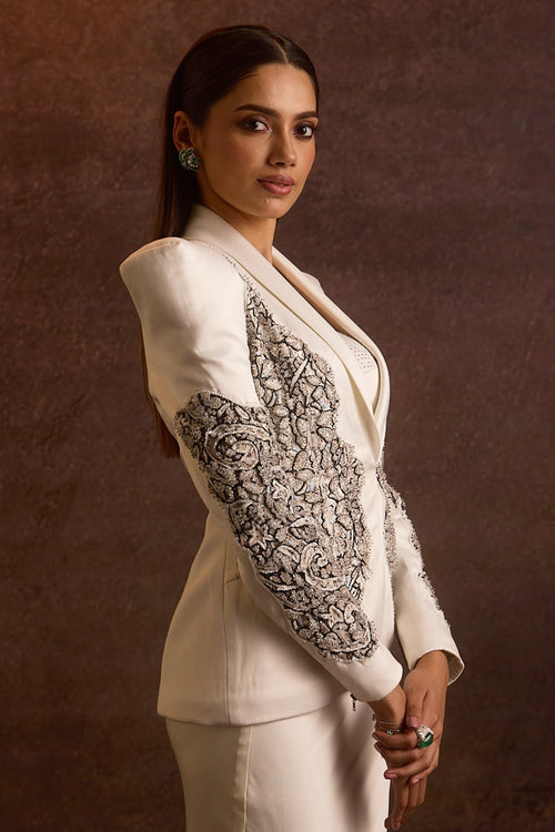 Suhair White Lace Cutout Blazer, Bustier With Fishcut Skirt