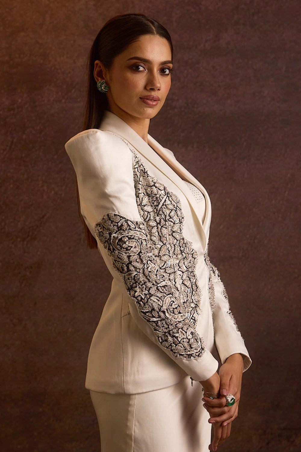 Suhair White Lace Cutout Blazer, Bustier With Fishcut Skirt