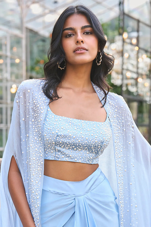 Degradé Pearl Embellished Bralette and Draped Satin Skirt