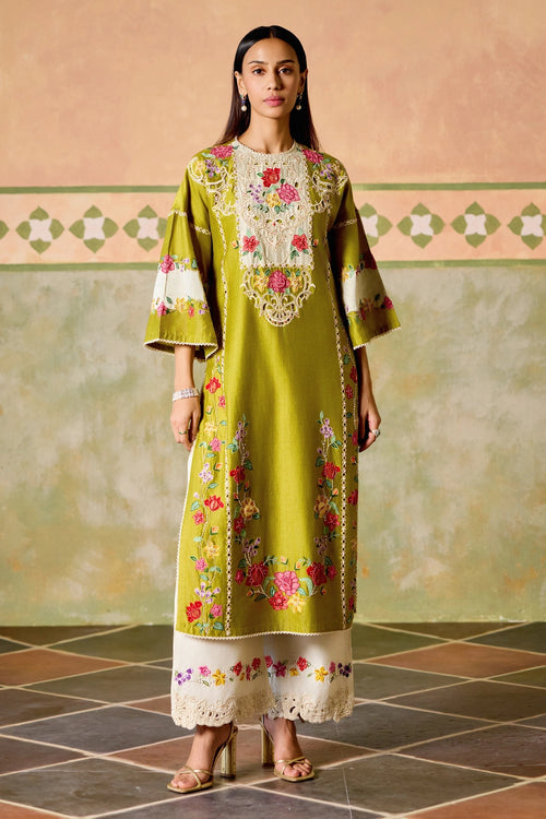 Olive and Ivory Color Block Kurta Set with Dupatta