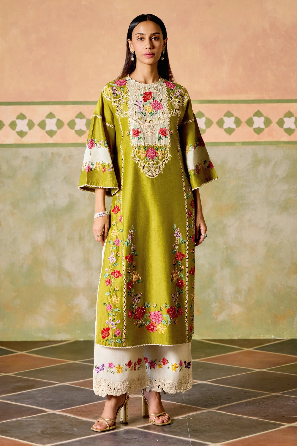 Olive and Ivory Color Block Kurta Set with Dupatta