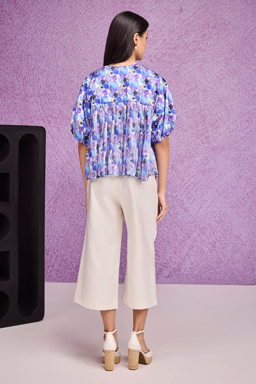Blue Aquarelle Print Bubble Sleeve Jacket