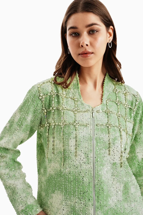 Green White Cloud Denim Lazercut Jacket