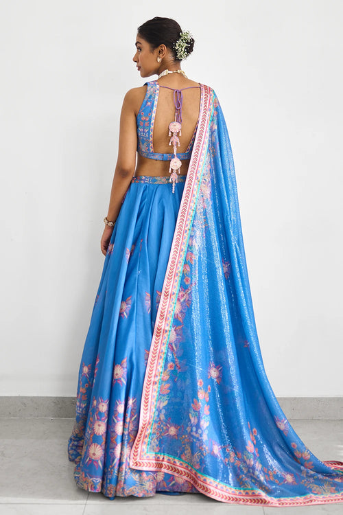 Blue Haze Printed Lehenga Set with Sequins Dupatta