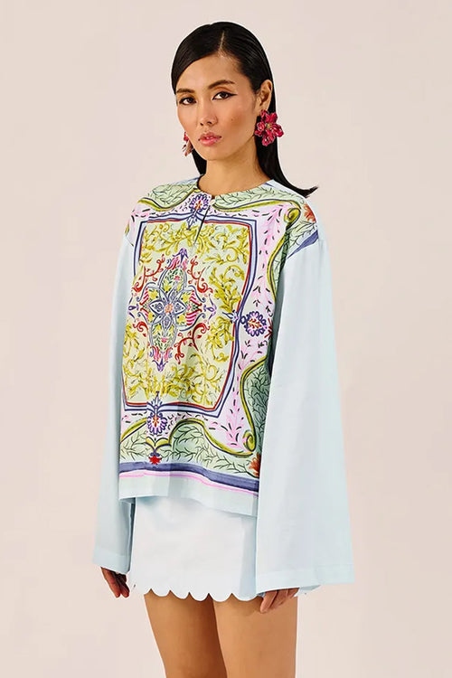 Printed Sky Blue Top With Flared Sleeves