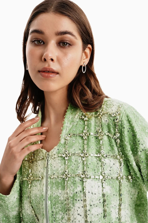 Green White Cloud Denim Lazercut Jacket