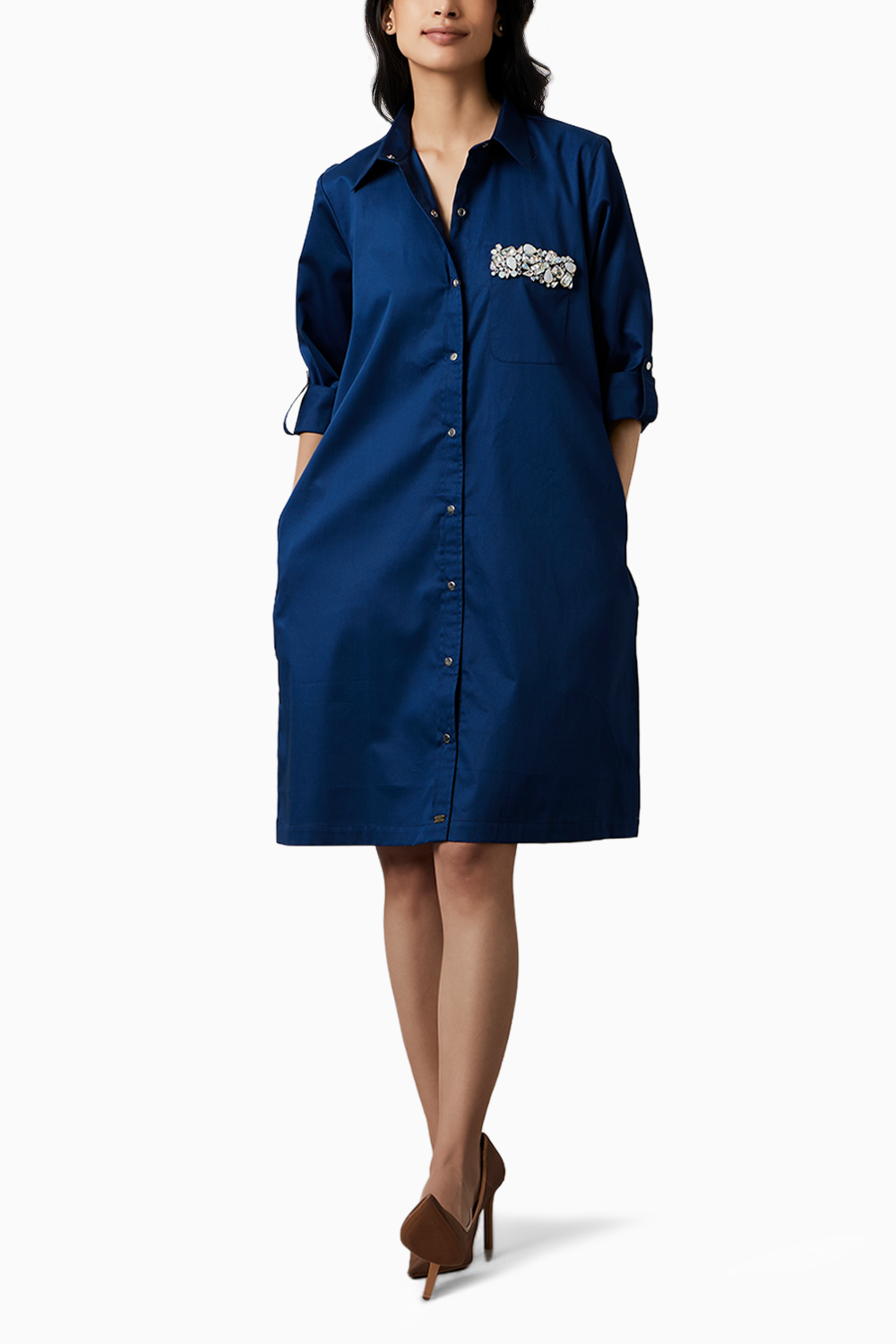 Midnight Blue Pocket Swarovski Shirt Dress