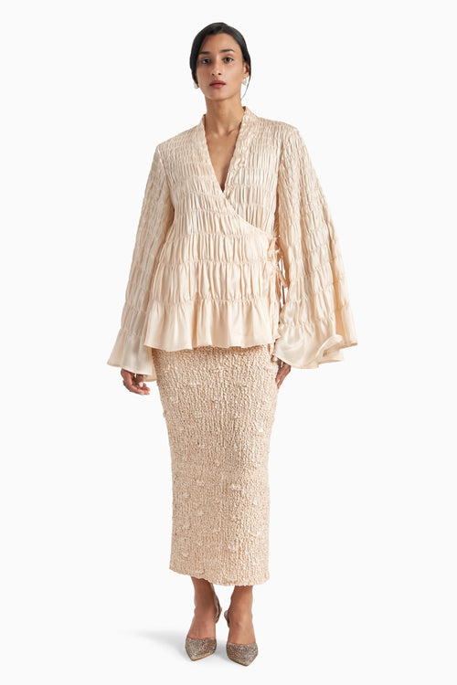 Alabaster Wave Smocked Pencil Skirt