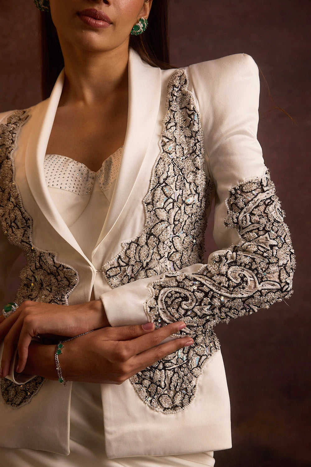 Suhair White Lace Cutout Blazer, Bustier With Fishcut Skirt