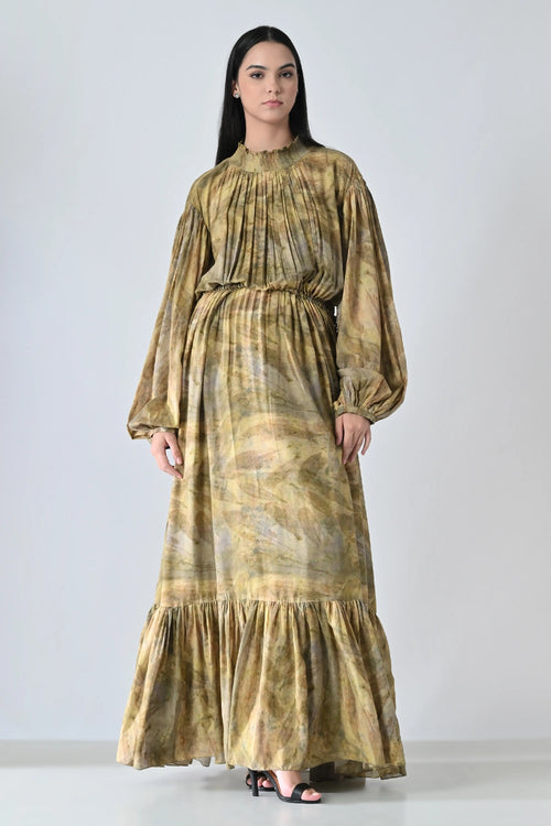 Olive Dye Printed Bloom Long Dress