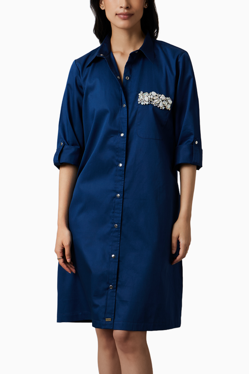Midnight Blue Pocket Swarovski Shirt Dress