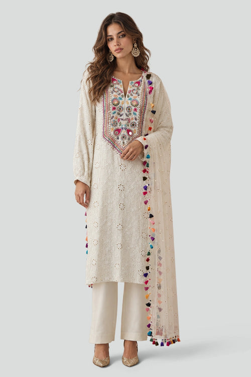 Off-White Chikankari Kurta With Silkmul Pants And Dupatta