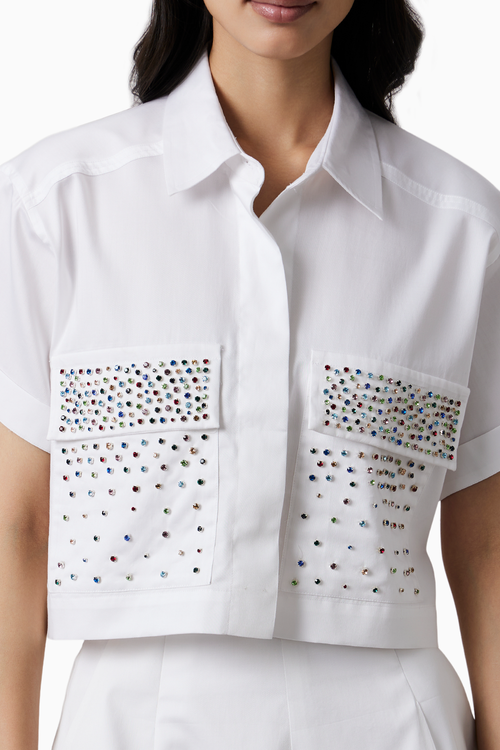 White Multicolor Swarovski Studs Shorts Co-ord Set