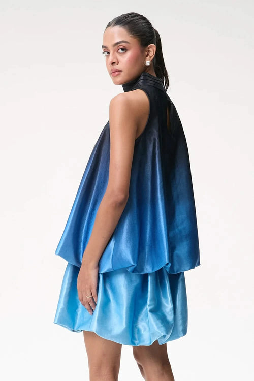 Midnight Blue Ombré Bubble Hem Halter Top with Mini Skirt