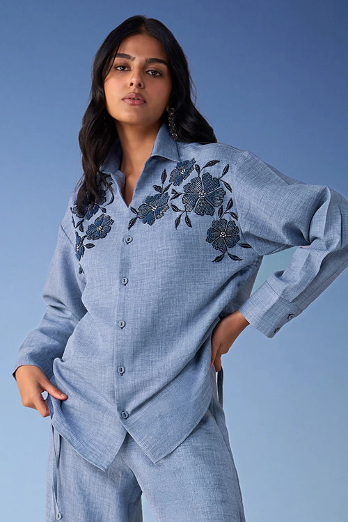 Beaded Linen-Textured Shirt