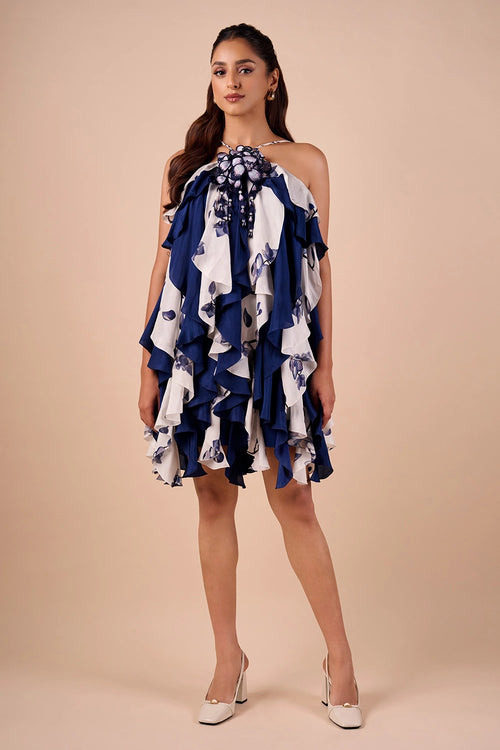 Blue Printed Ruffle Dress