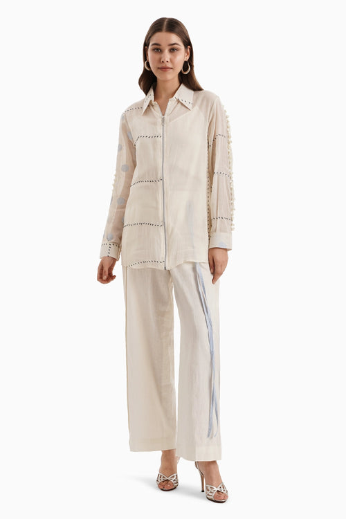 Beige Cotton Embroidered Thread Shirt