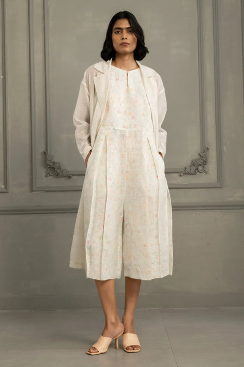Ivory Quilted Mul Chanderi Jacket And Linen Jumpsuit