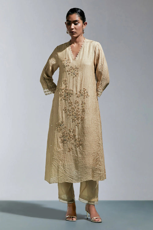 Shell Floral Embroidered Crushed Silk Kurta Set