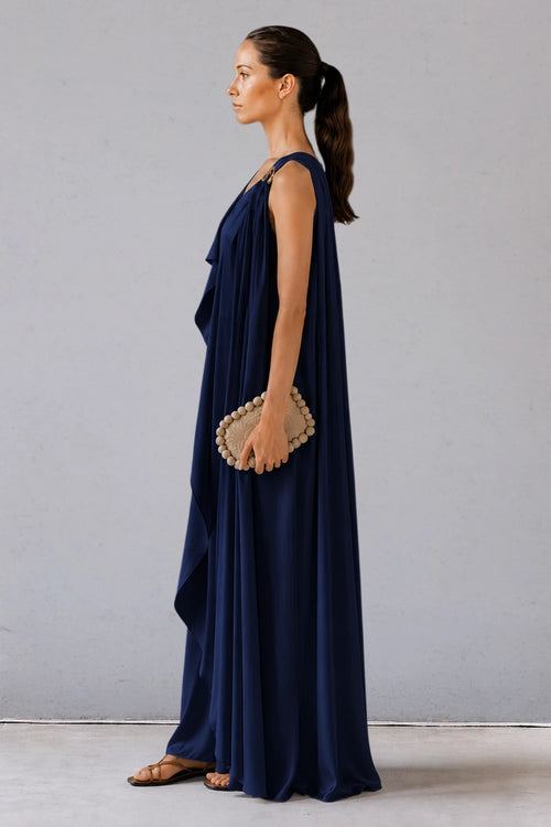 Navy Blue Asymmetric Draped Dress