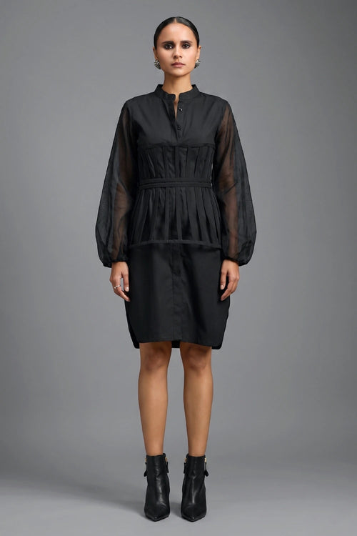 Black Shirt Dress with Sheer Sleeves