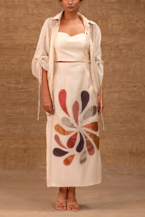 Silk Ivory Chanderi Pleated Shirt With Tissue Applique Skirt