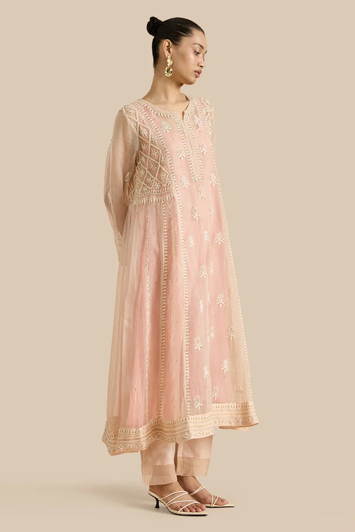 Pink Organza Silk Kalidar Set Crafted With Chikankari Threadwork And Kutdana Embroidery