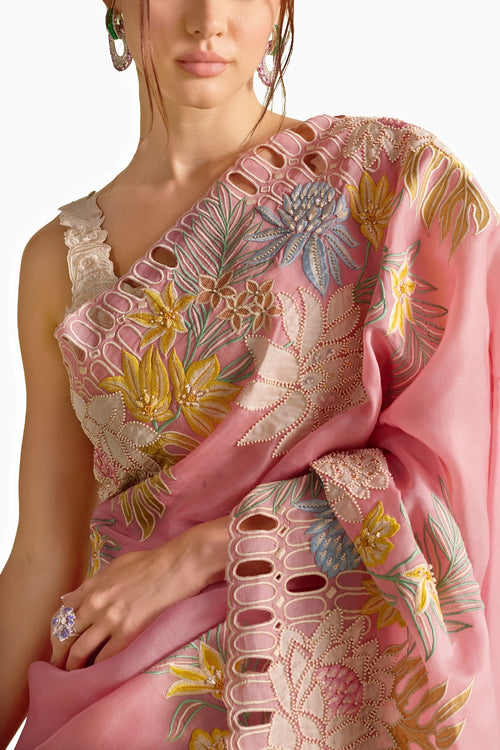 Pink Contrast Applique Embroidered Saree And Bustier