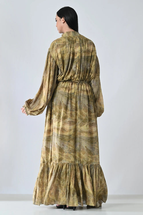 Olive Dye Printed Bloom Long Dress