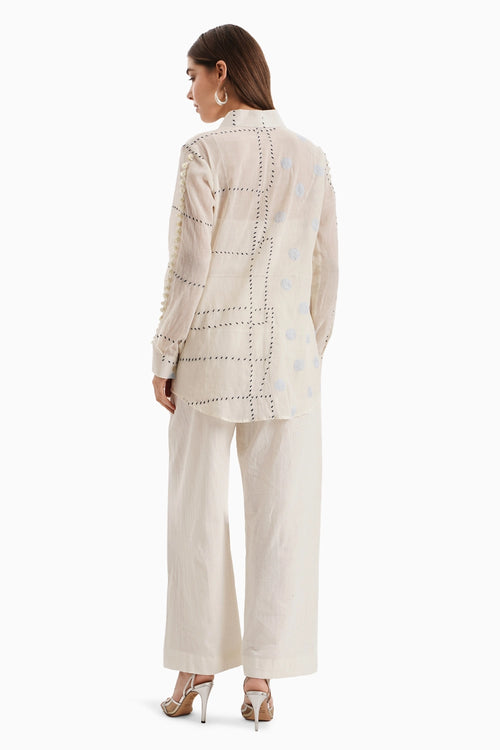 Beige Cotton Embroidered Thread Shirt