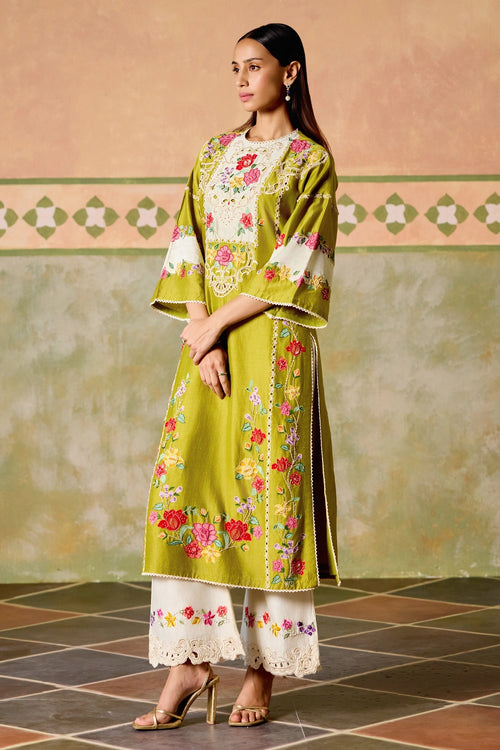 Olive and Ivory Color Block Kurta Set with Dupatta