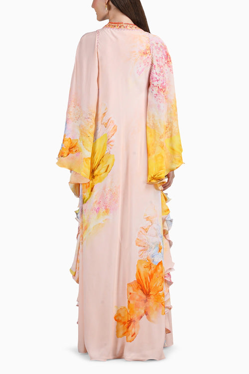 Peach Floral Faux Printed Kaftan Dress